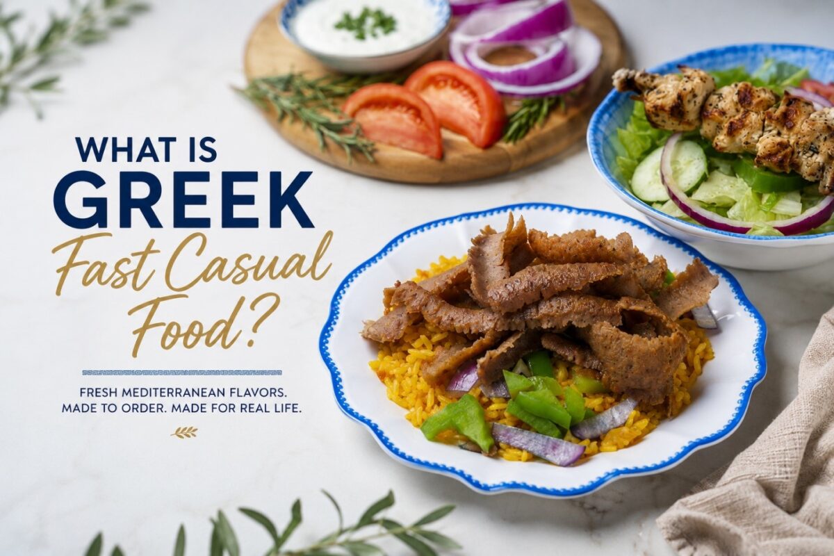 Greek fast casual food plate with gyro meat, souvlaki and fresh salad at Little Greek Fresh Grill Winter Garden FL
