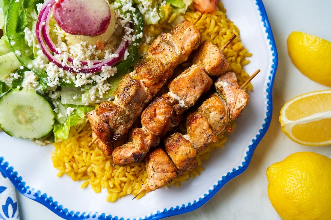Char-grilled chicken souvlaki skewers at Little Greek Fresh Grill Winter Garden FL