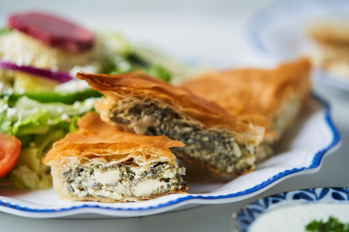 Traditional spanakopita Greek spinach pie with phyllo dough at Little Greek Fresh Grill Winter Garden FL