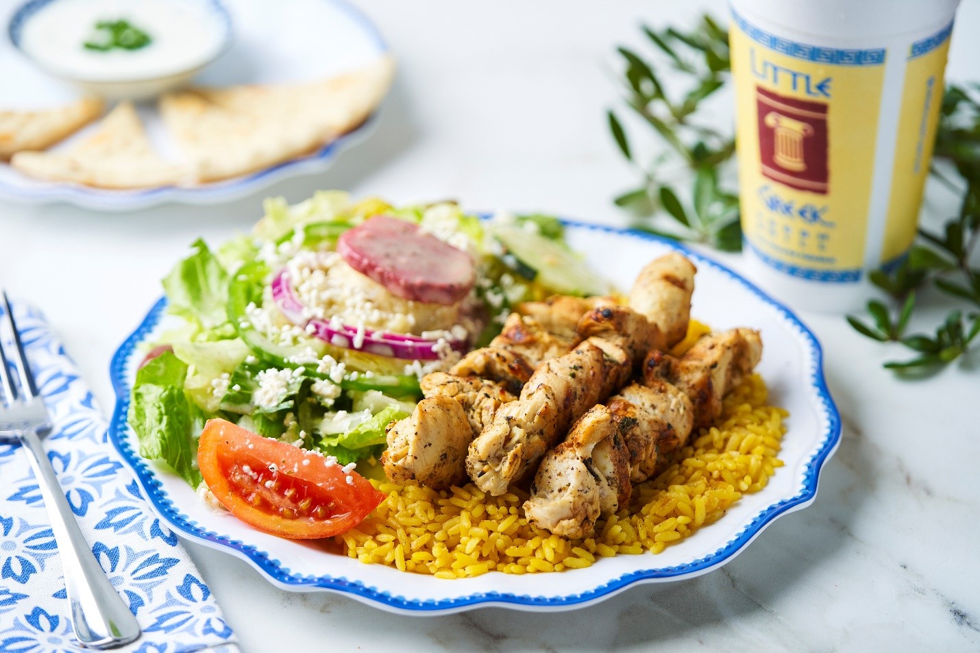 Chicken souvlaki light meal with saffron rice and Greek salad at Little Greek Fresh Grill Winter Garden FL complete healthy meal