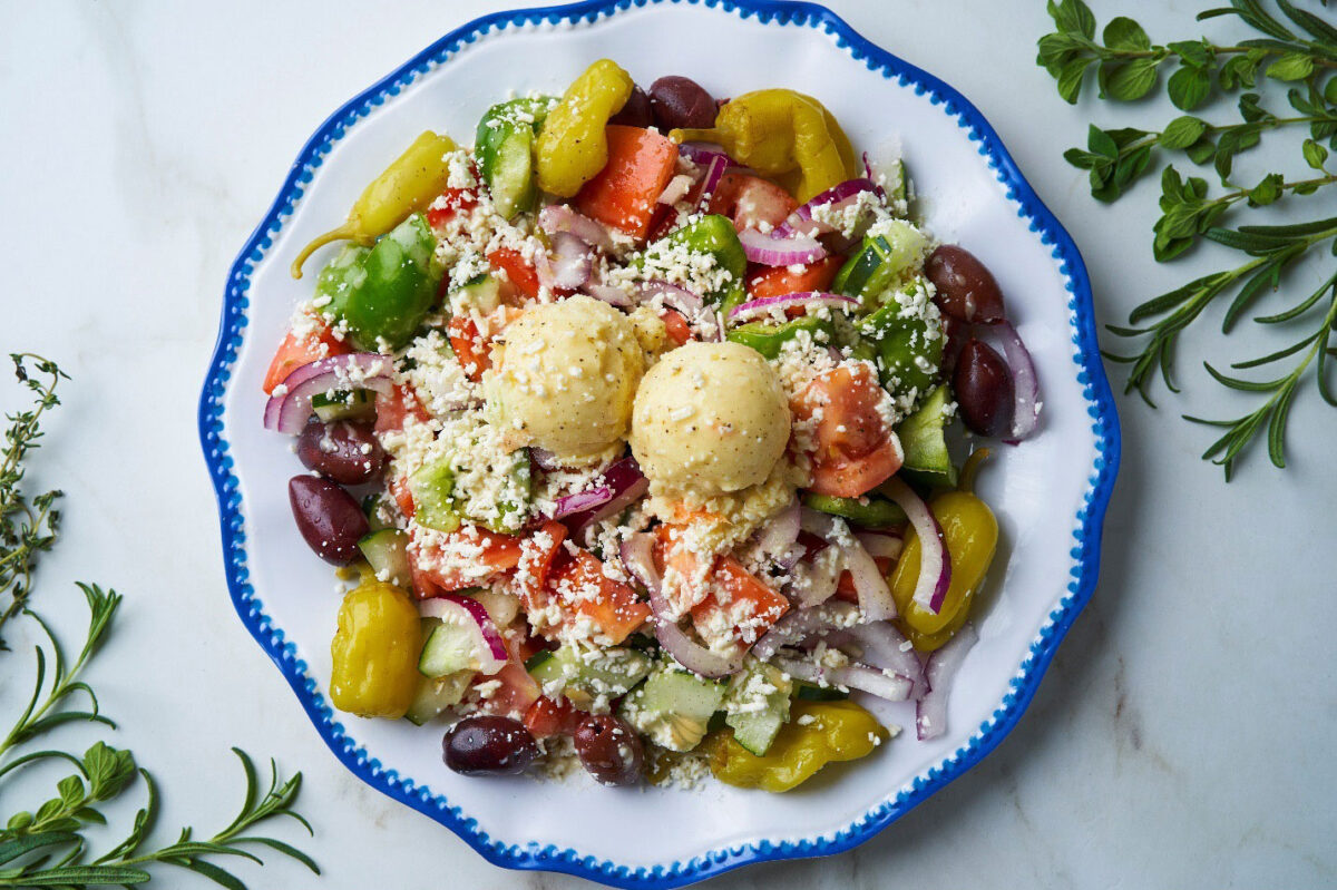 Gluten-free and vegetarian Greek food options at Little Greek Fresh Grill Winter Garden FL including Greek salad and vegetarian pita