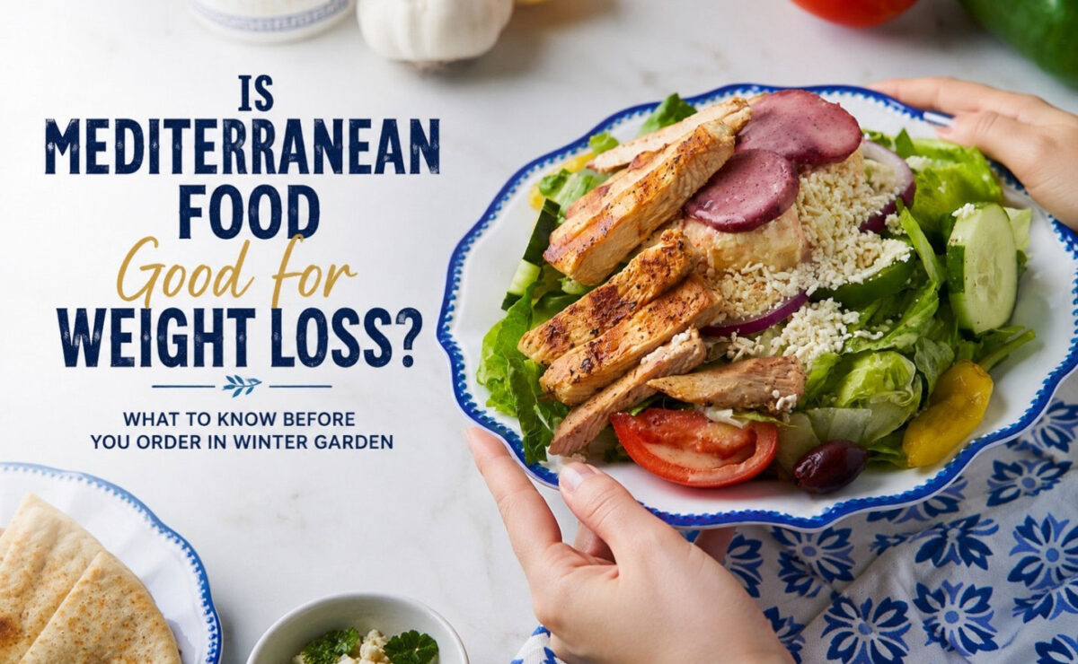 Mediterranean food for weight loss at Little Greek Fresh Grill Winter Garden FL chicken souvlaki and Greek salad