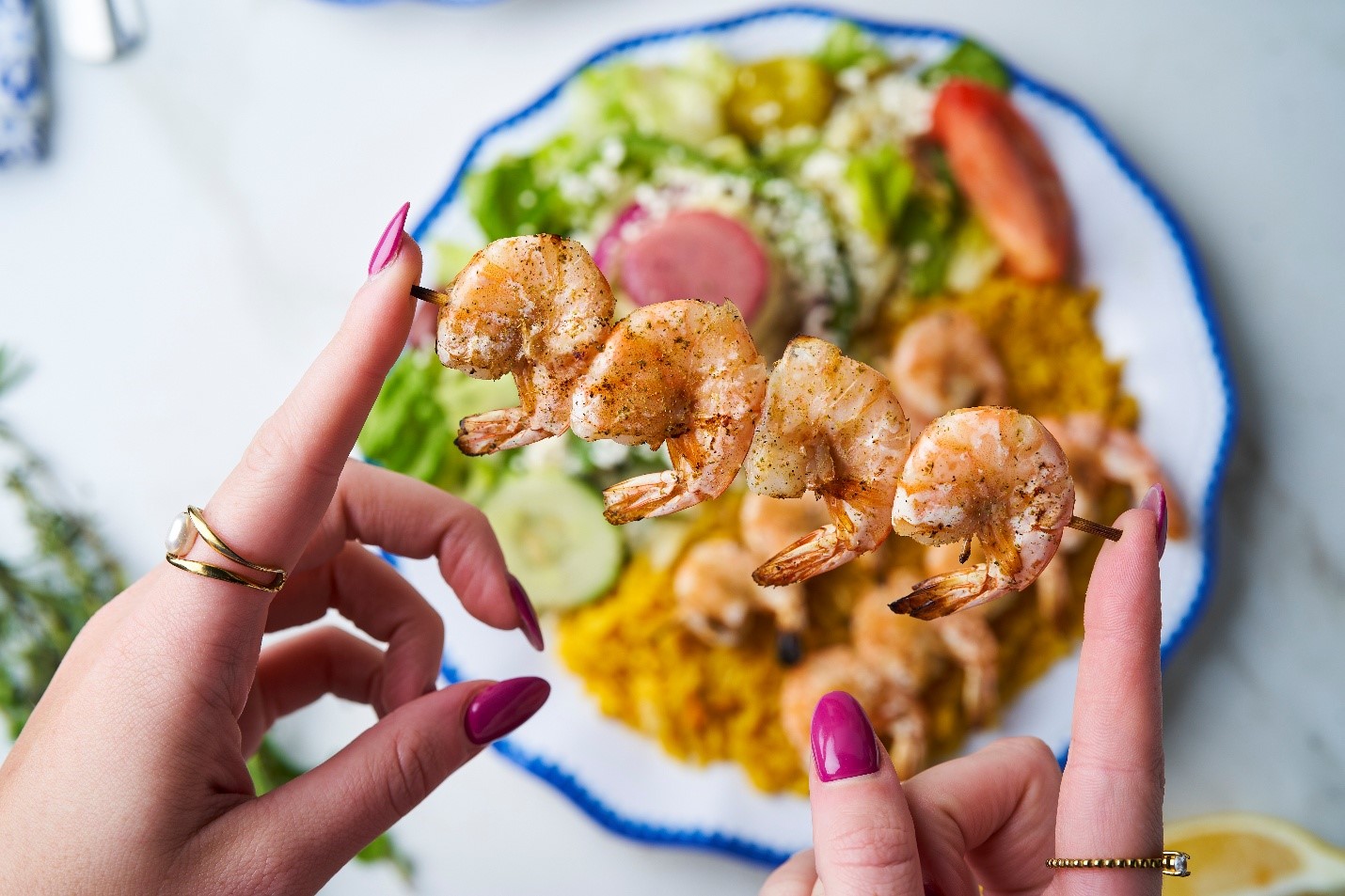 Shrimp skewers high protein Mediterranean diet food for weight loss at Little Greek Fresh Grill Winter Garden FL