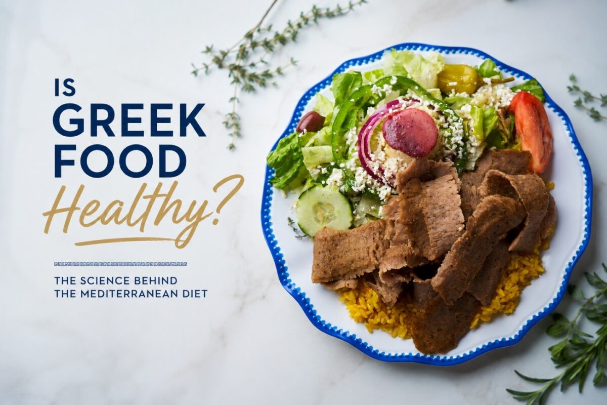 Is Greek food healthy? Fresh Greek salad and chicken souvlaki at Little Greek Fresh Grill inside Winter Garden Village FL