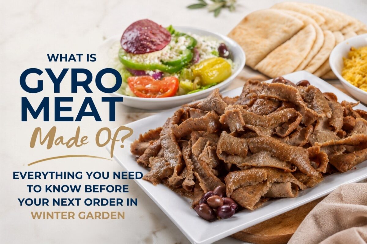 Gyro meat sliced fresh off the rotisserie at Little Greek Fresh Grill inside Winter Garden Village Winter Garden FL